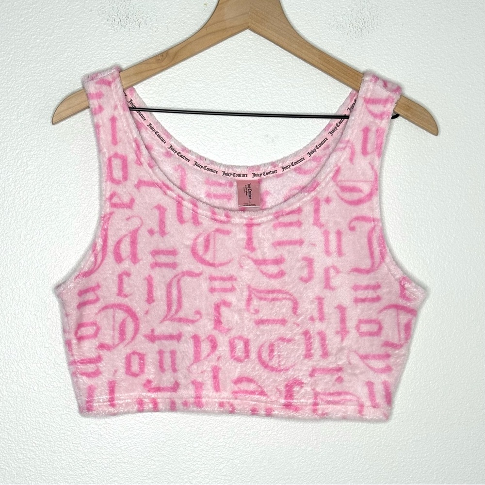 Vintage Y2K Juicy Couture Velour Fleece Tank Crop Top sz L Pink Monogram Pajama